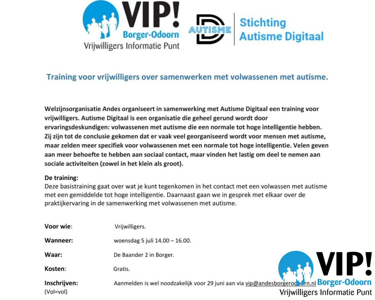 Training voor vrijwilligers over samenwerken met volwassenen met autisme. 